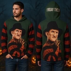 Vintage Horror Freddy Krueger Hoodie Friday the 13th Halloween Sweater Size L